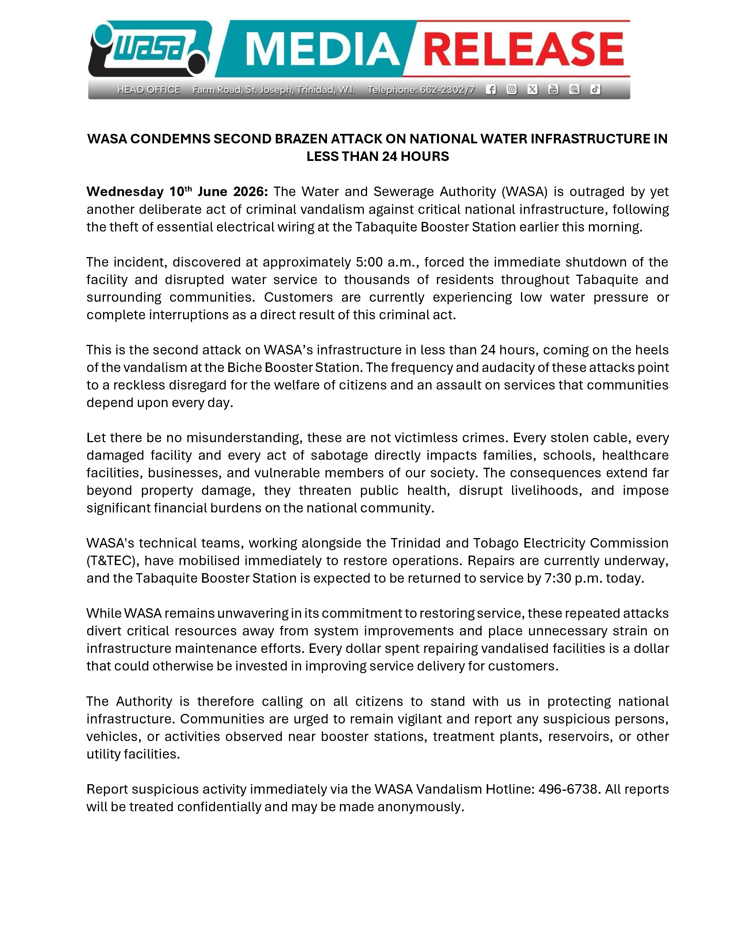 WASA Condemns Vandalism at Tabaquite Booster